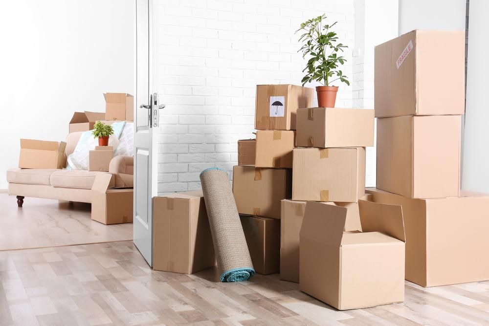 A Living Room Filled With Cardboard Boxes And A Couch — Brisbane Moving & Storage In Acacia Ridge, QLD