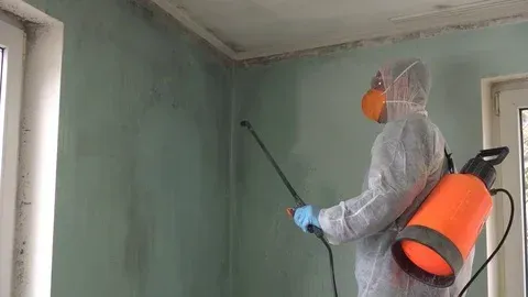 A man in a protective suit spraying on the wall for mold removal
