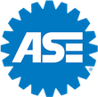 Blue ASE logo inside a gear-shaped emblem with white letters