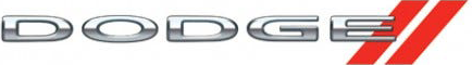 Dodge logo in metallic silver with two red diagonal stripes on white background