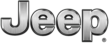 Jeep metallic logo in chrome lettering with black outline on white background