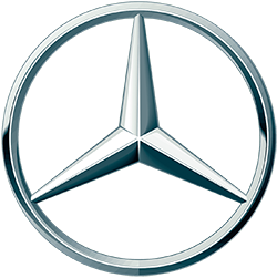 Silver Mercedes-Benz three-pointed star logo inside a chrome circle on a white background