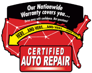 Certified Auto Repair logo over a red U.S. map, with “Our Nationwide Warranty covers you”
