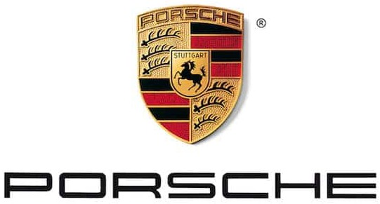 Porsche logo with gold, black, red shield above the word “PORSCHE” in black