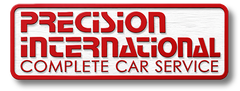Red and white Precision International Complete Car Service logo on a white background