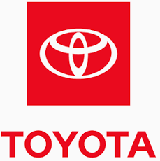 Toyota logo: white emblem and wordmark on a red square background.