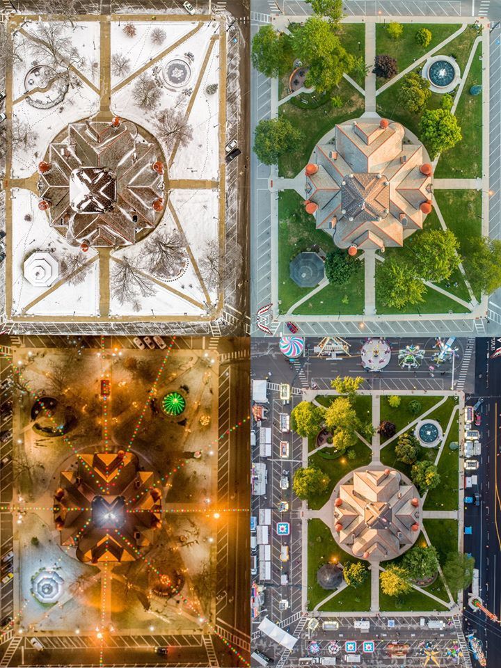 Aerial view of the Williams COunty Courthosue Square in winter vs summer