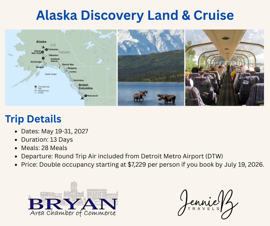 Picture of a map of Alaska, some moose in the water and a train with a glass ceiling. 