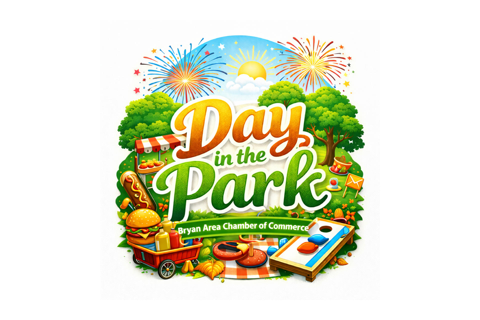Bryan Area Chamber of Commerce Day in the Park logo with a park, yard games, picnic food, and fireworks.