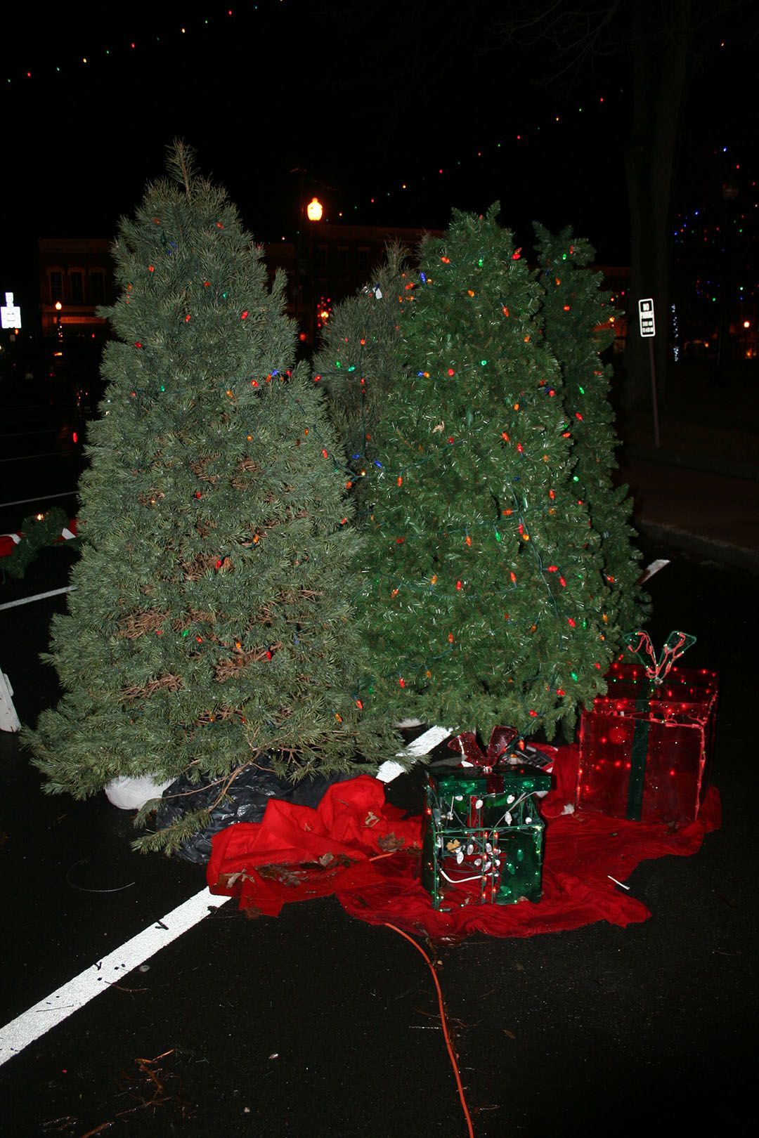 Two Christmas trees illuminated with lights stand outdoors at night with decorative presents arranged on a red cloth.