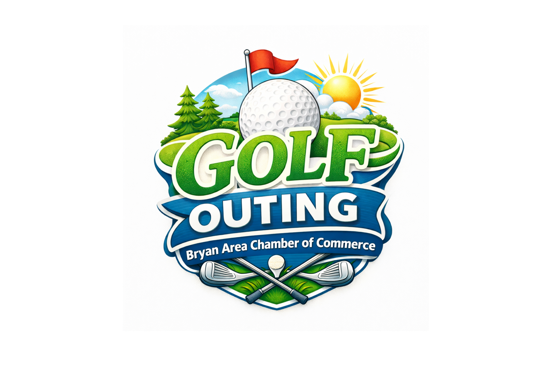 Bryan Area Chamber of Commerce Golf Outing Logo with a golf ball, golf clubs, and golf course in the background.