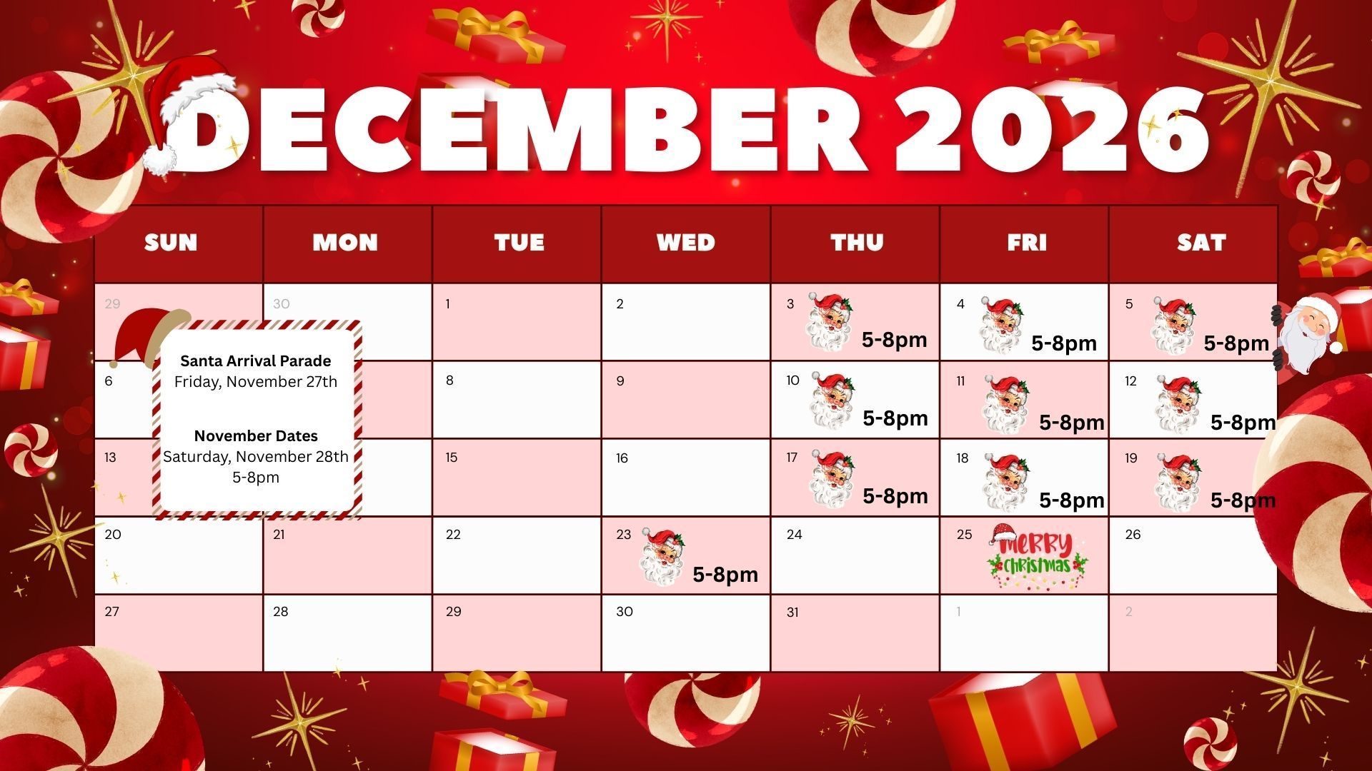 A calendar page for the month of December showing the schedule for the 2026 Santa House Hours