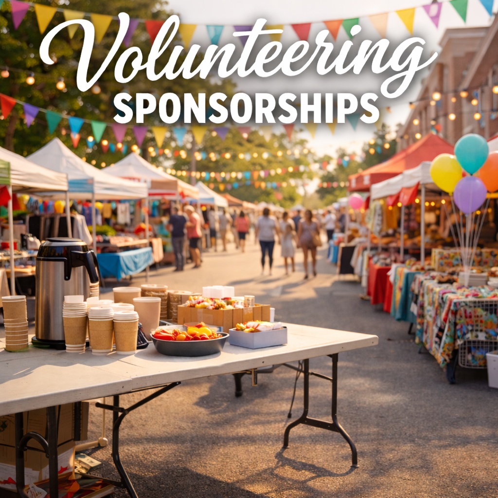 Volunteering Sponsorship image with people attending a street fair with canopy tents.