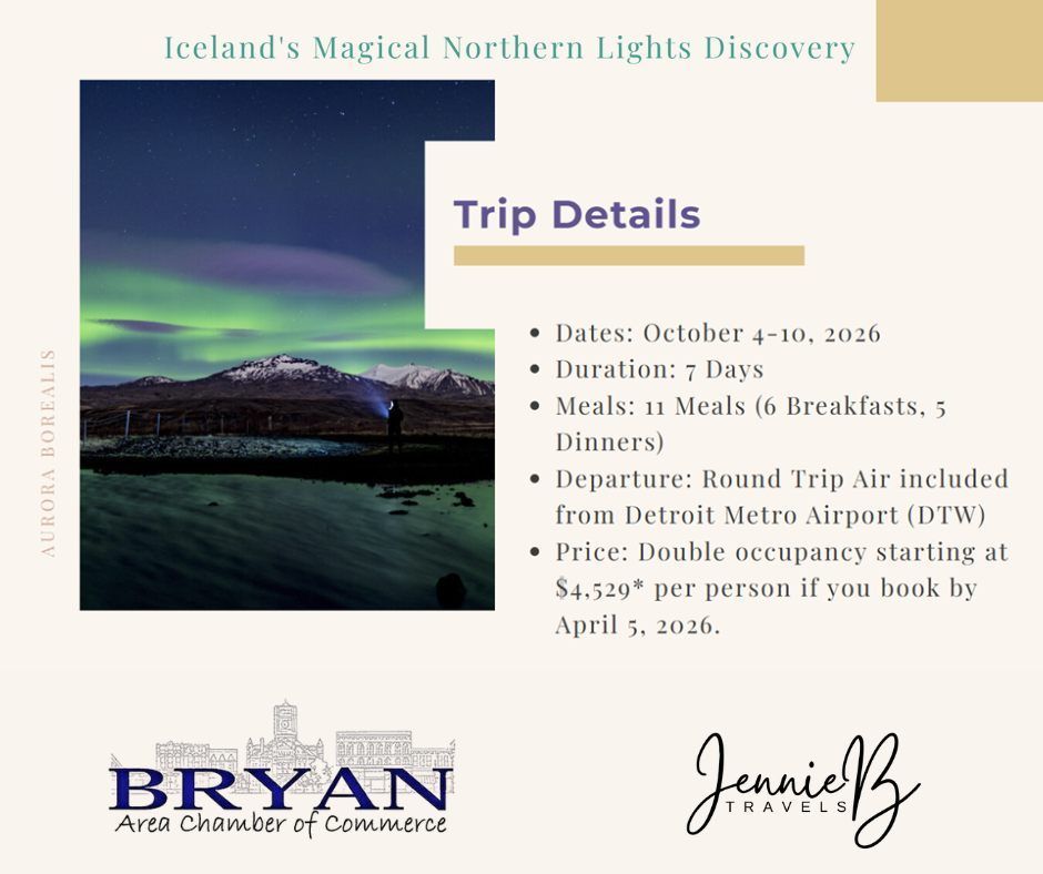 Informational picture with details for the Chamber Iceland Trip.