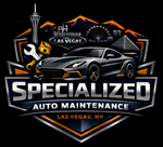 Specialized Auto Maintenance logo with sports car, Las Vegas skyline, and orange accents