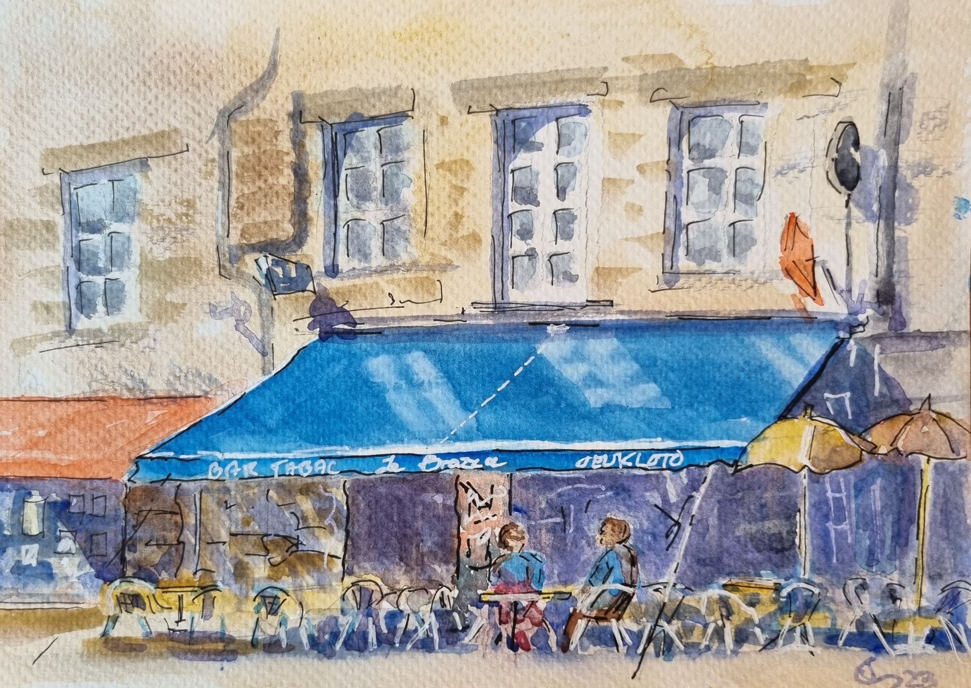 Watercolour of french cafe.