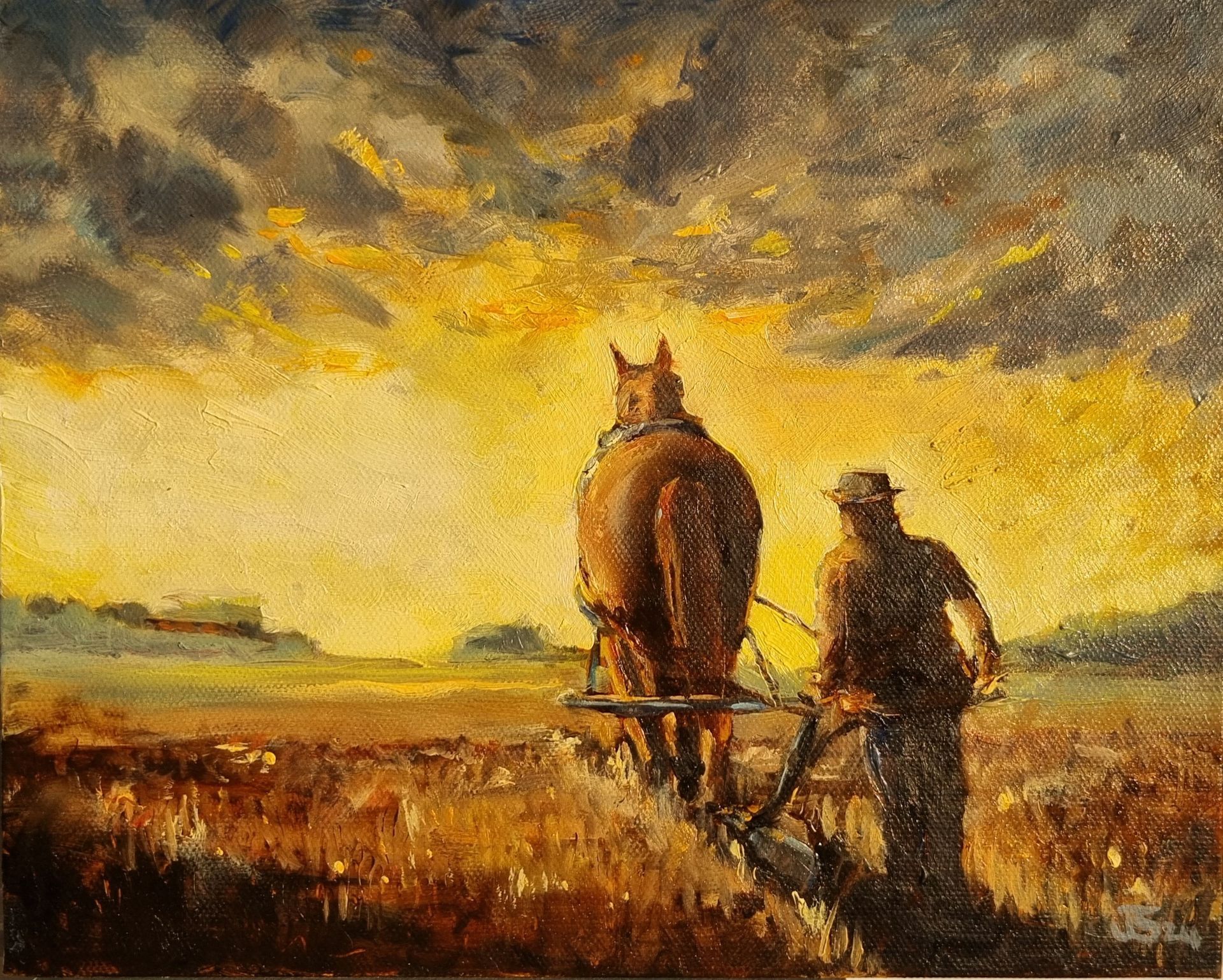 Painting of a suffolk punch horse pulling a plough into the sunset.