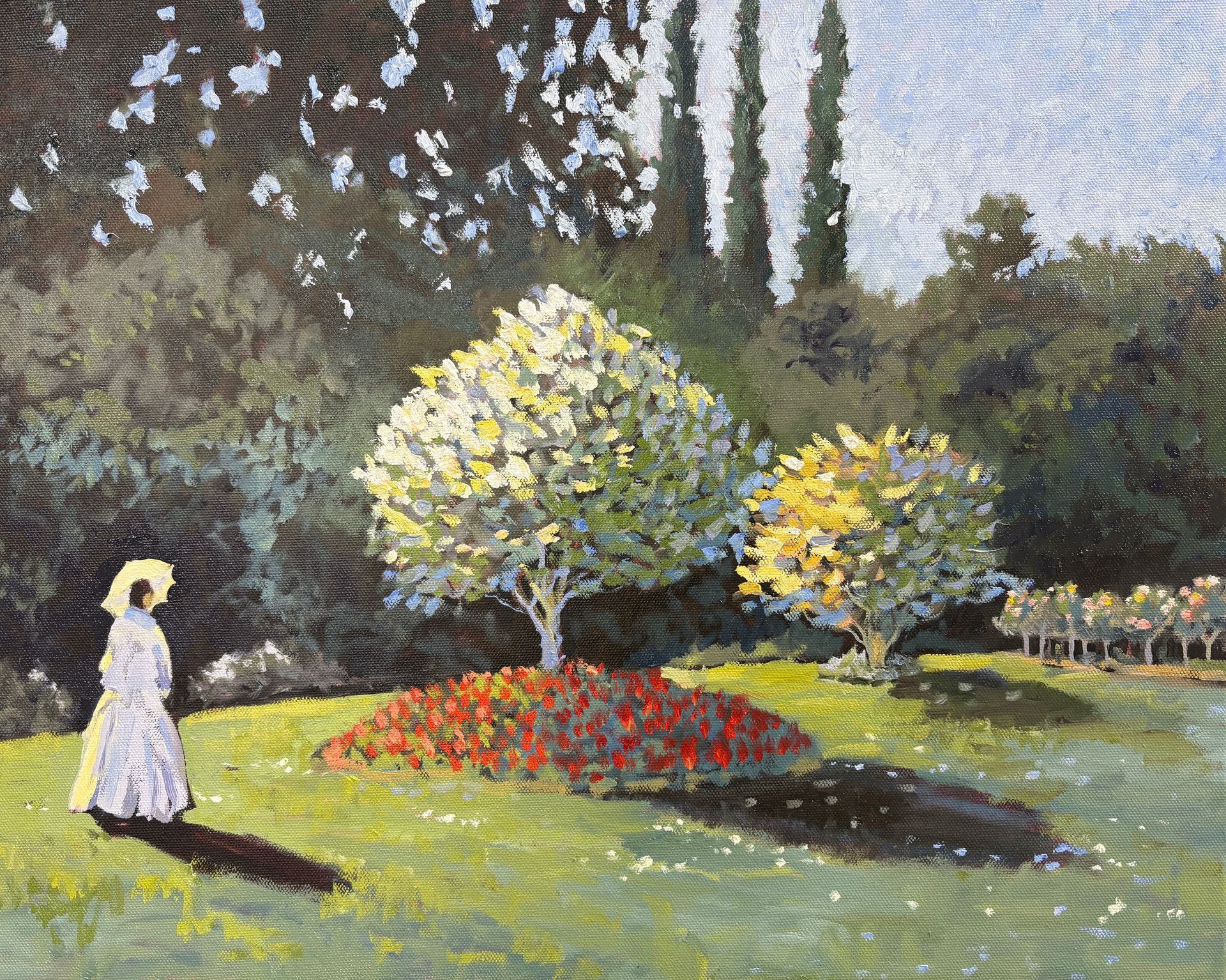 Lady walking in a rose garden painted in oils