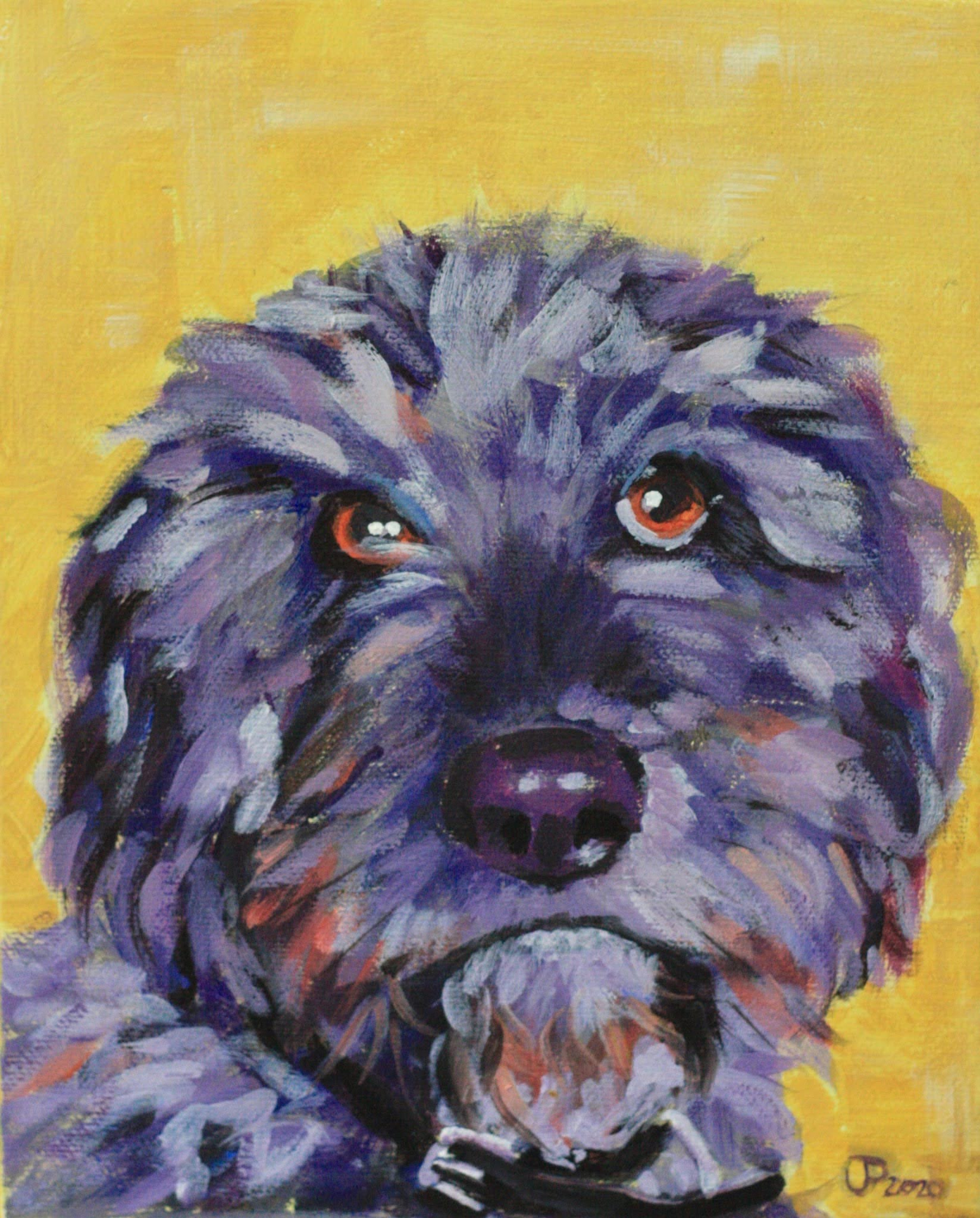 Acrylic of a furry dog in purples and yellow.