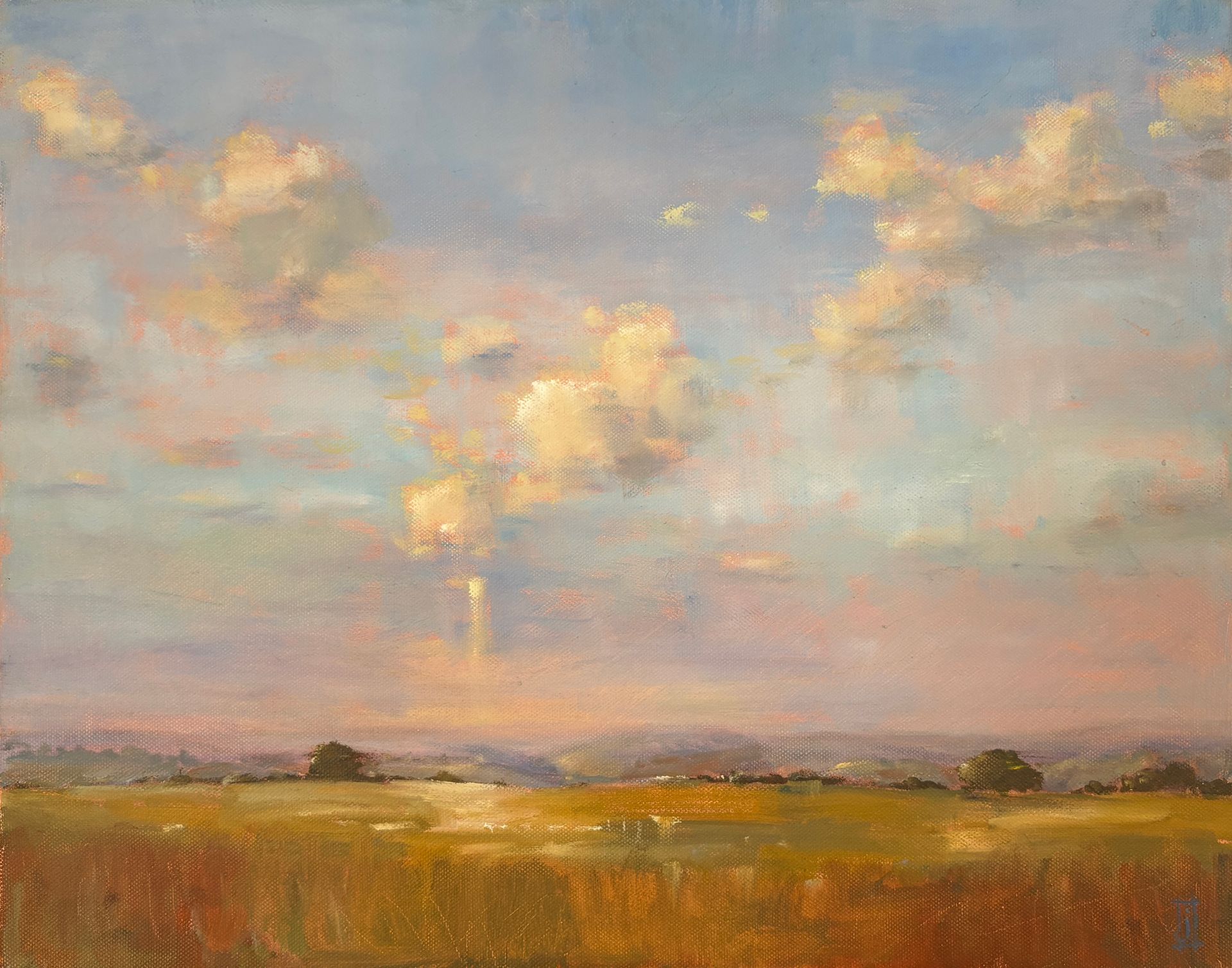 An oil painting of a cloud scape, depicting pinks, blues and greys.