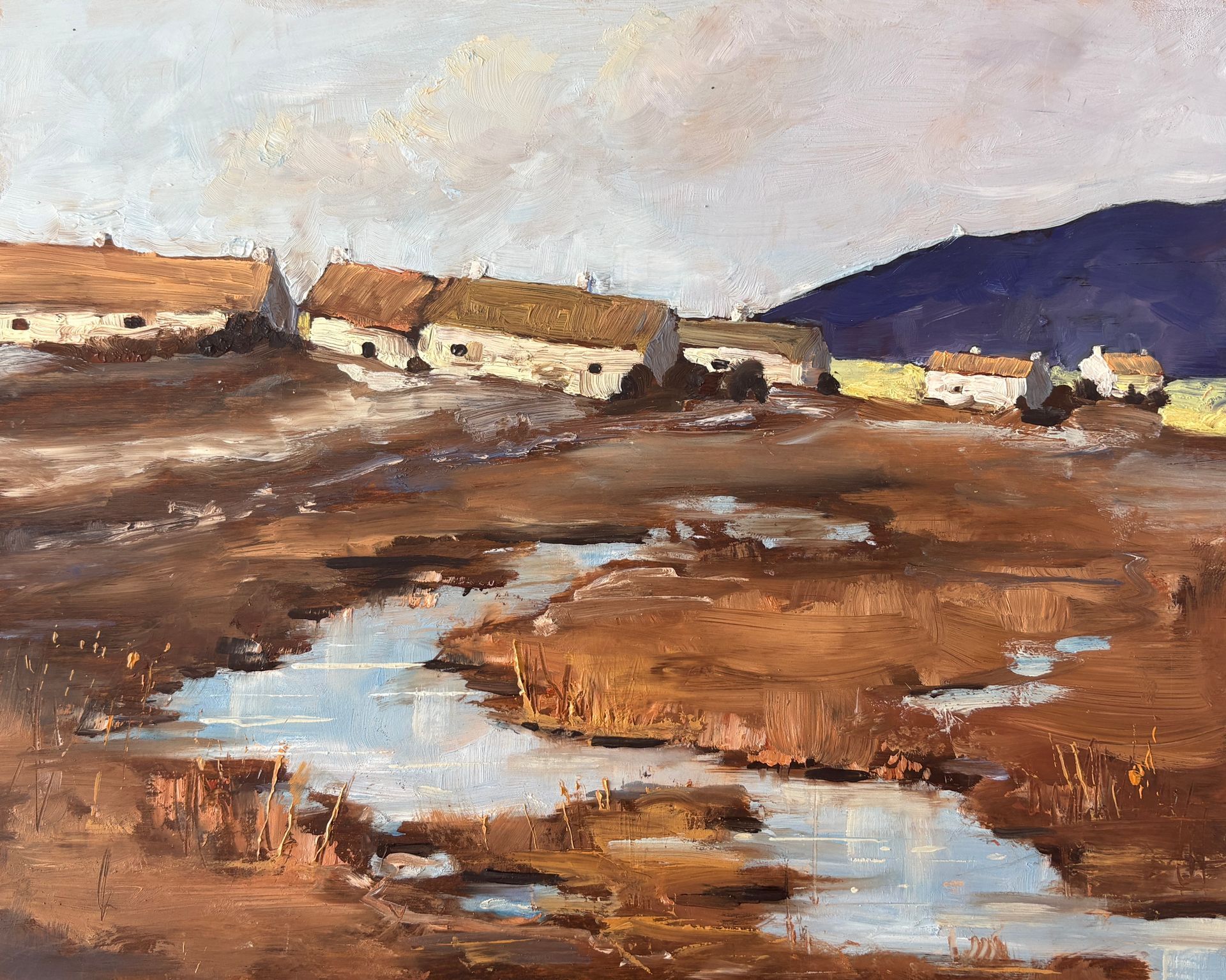 Small crofts nestled next to a marshy area with a blue hill behind.
