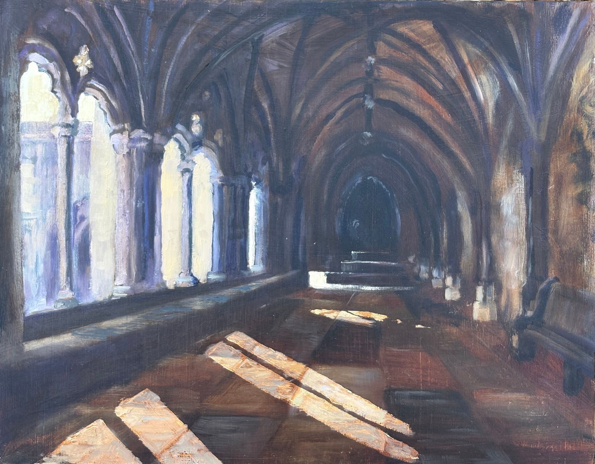 oil painting of the Norwich cloisters with the light falling onto the stone.