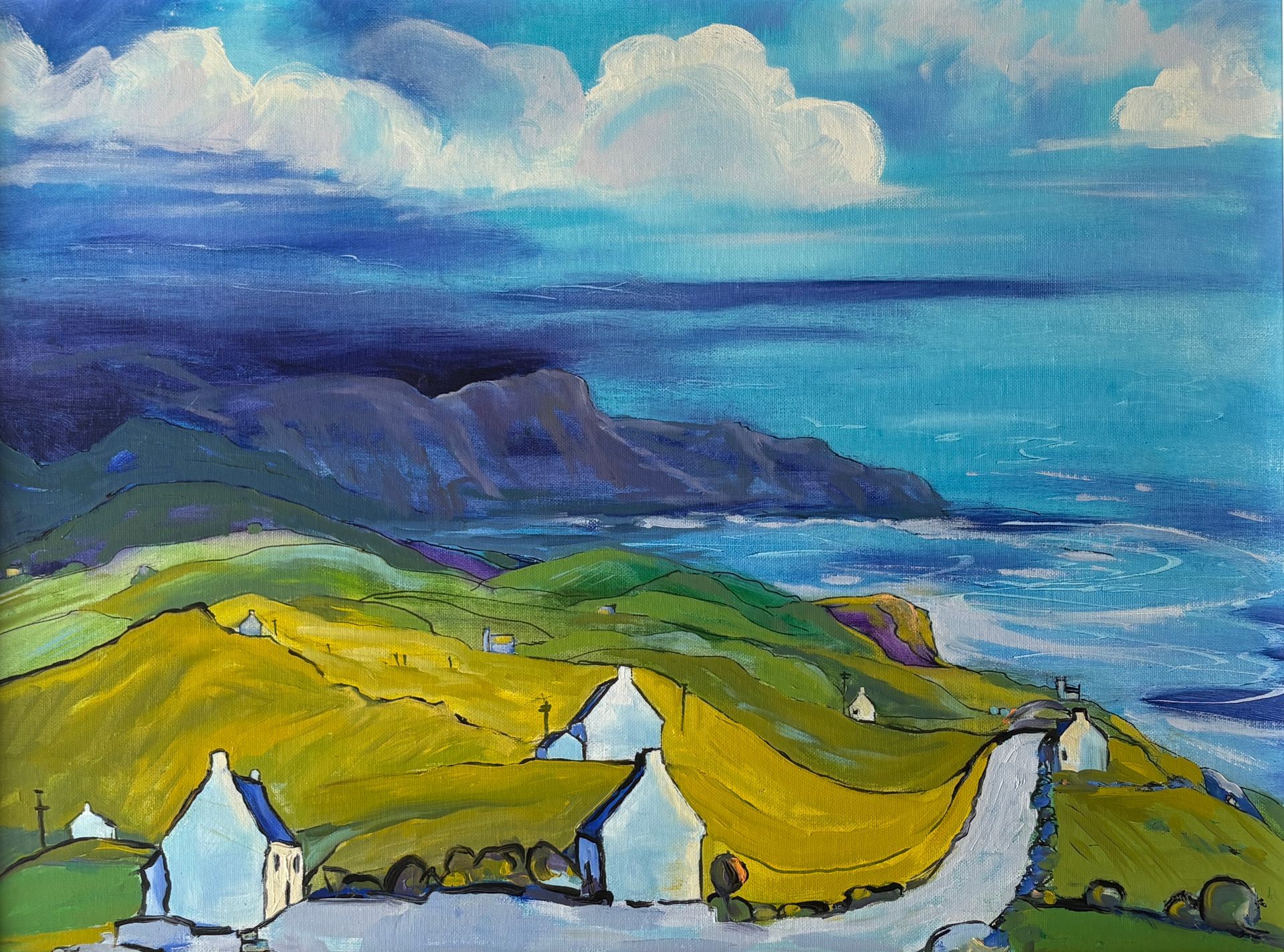 An oil painting of cottages overlooking the sea.
