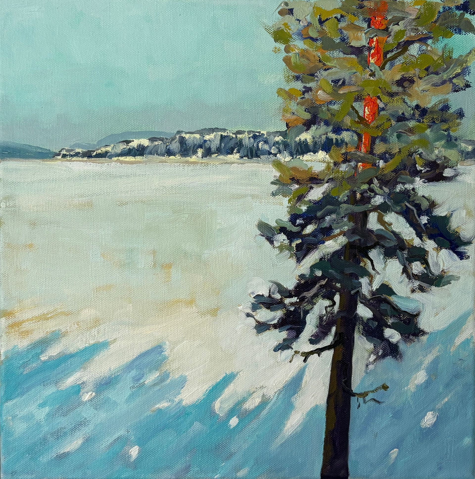 An oil painting of a sunlit pine tree with a frozen backdrop in blues and greys.