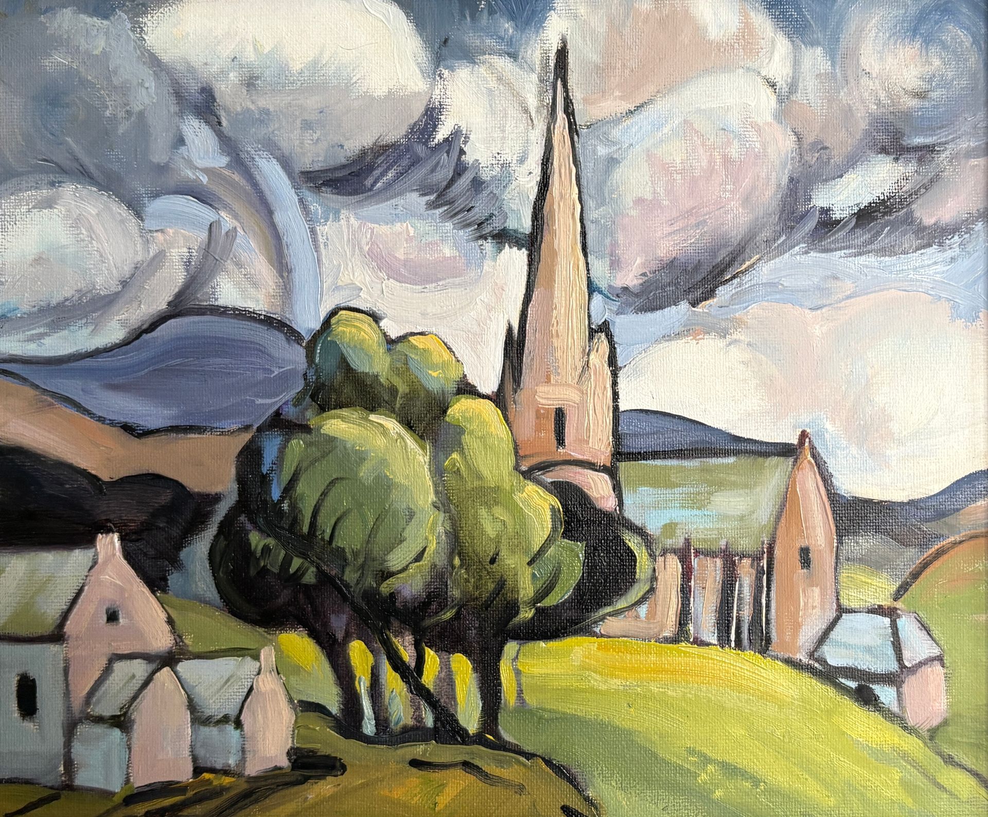 An oil painting of a church nestled in the hills with a grey, unsettled sky behind.