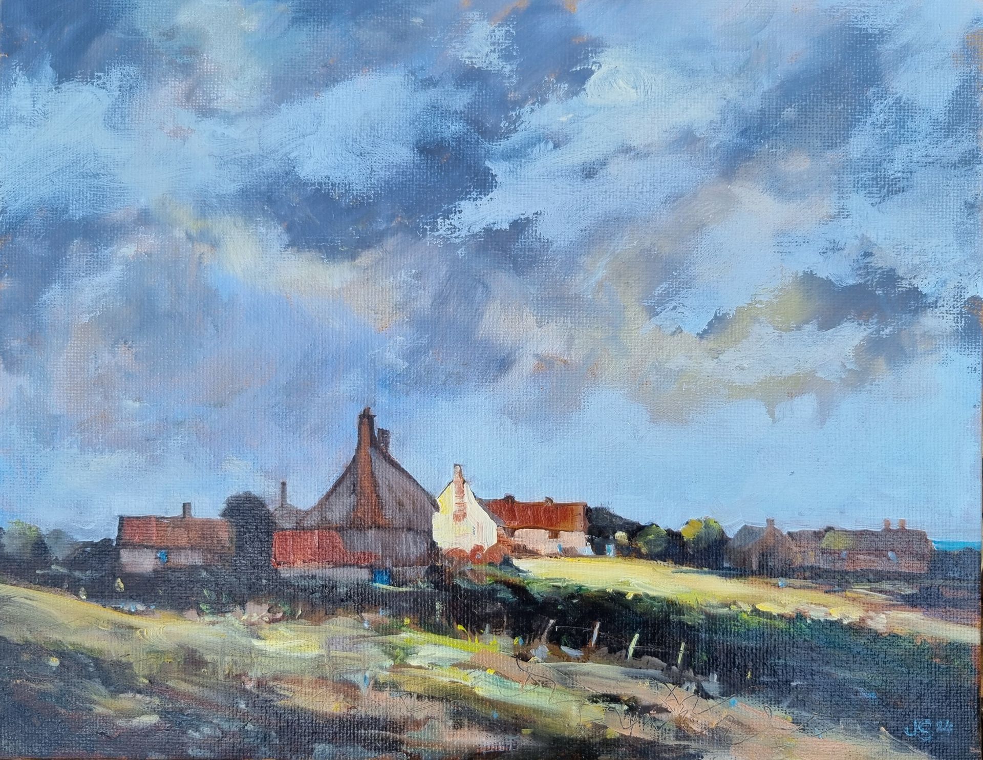 Cottages on the marsh painting.
