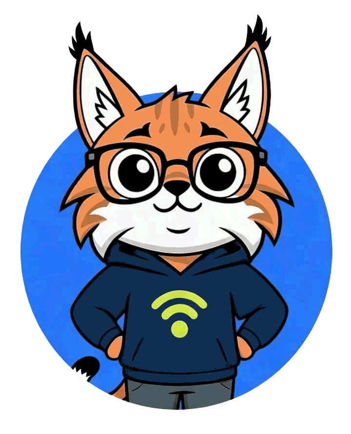 Cartoon fox mascot in glasses and hoodie, standing hands on hips in front of a blue circle.