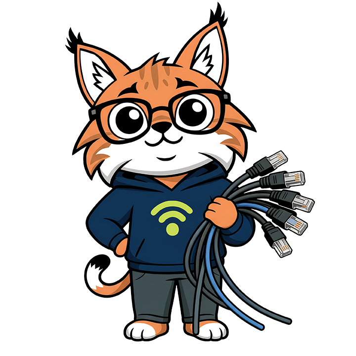 Cartoon fox in glasses holding a bundle of network cables, wearing a blue hoodie with a Wi‑Fi symbol.