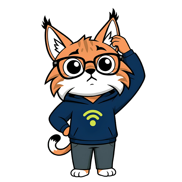Cartoon fox mascot in glasses and a blue hoodie, saluting and standing upright.