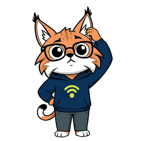 Cartoon fox mascot in glasses and a blue hoodie, saluting and standing upright.