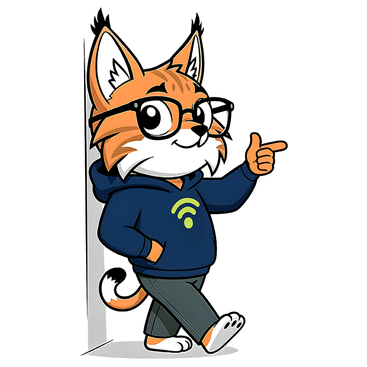Cartoon fox in glasses and hoodie, leaning against a wall and pointing, with a Wi‑Fi symbol on the chest