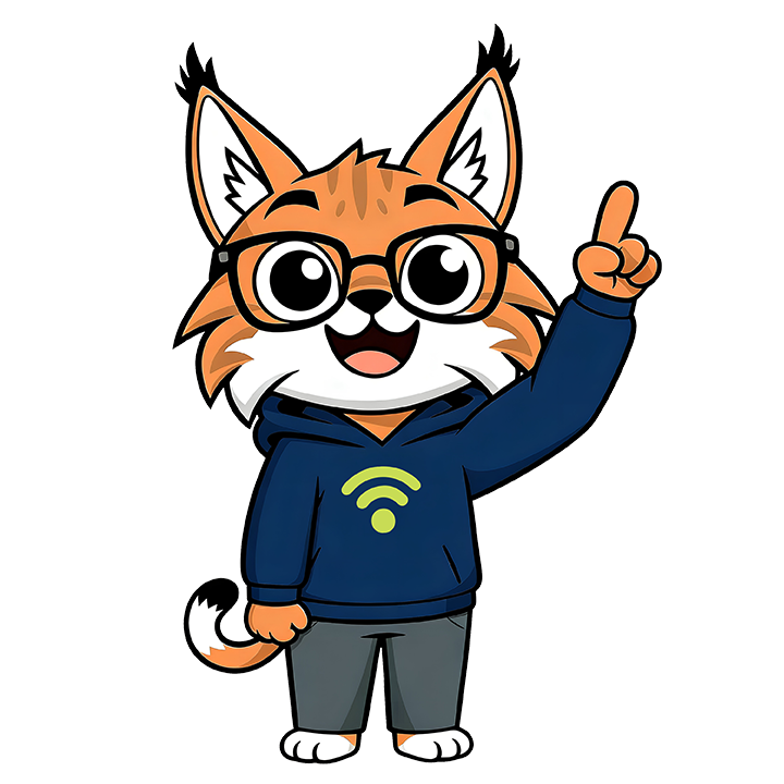 Cartoon fox mascot in glasses and blue hoodie, smiling and pointing upward.