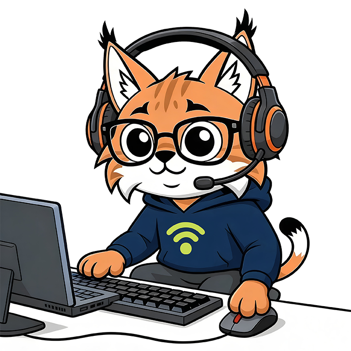 Cartoon fox wearing headset and glasses, typing at a computer in a hoodie.