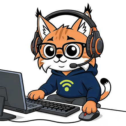 Cartoon fox wearing glasses and a headset, typing at a computer in a hoodie.