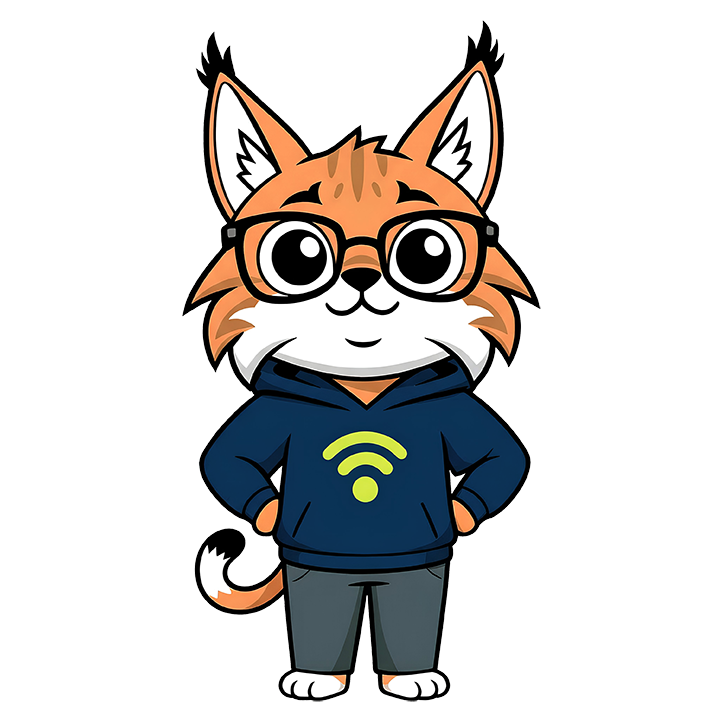 Cartoon fox wearing glasses and a blue hoodie with a Wi-Fi symbol, standing with hands on hips.