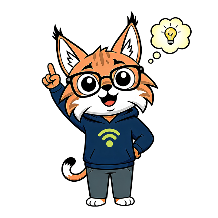 Cartoon fox in glasses and a blue hoodie, pointing up with a lightbulb thought bubble above its head