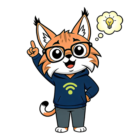 Cartoon fox in glasses and a blue hoodie, pointing up with a lightbulb thought bubble above its head