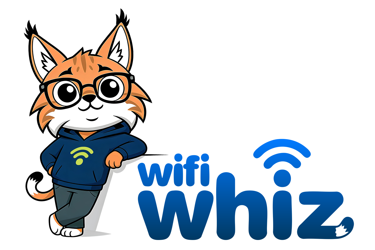Cartoon fox mascot beside blue &ldquo;wifi whiz&rdquo; text and Wi‑Fi icon