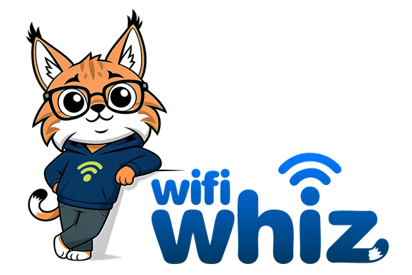 Cartoon fox mascot beside blue &ldquo;wifi whiz&rdquo; text and Wi‑Fi icon