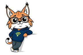 Cartoon fox mascot in glasses and a blue hoodie, leaning casually against a white background