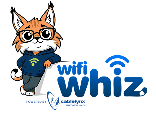 Cartoon fox mascot beside the “wifi whiz” logo with blue Wi‑Fi signal icon