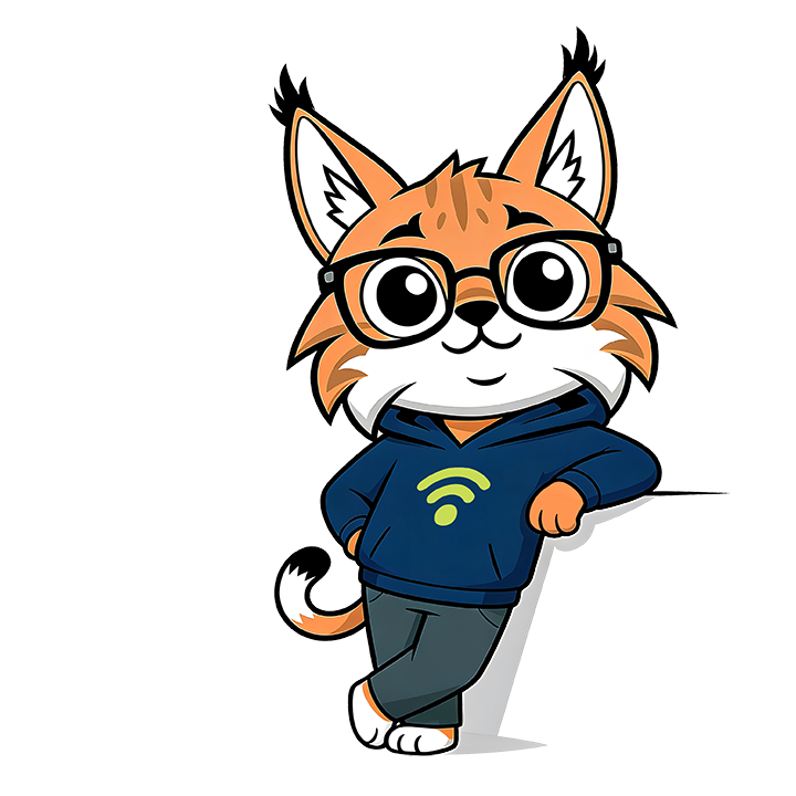 Cartoon fox in glasses wearing a blue hoodie, standing with one hand on hip and smiling.