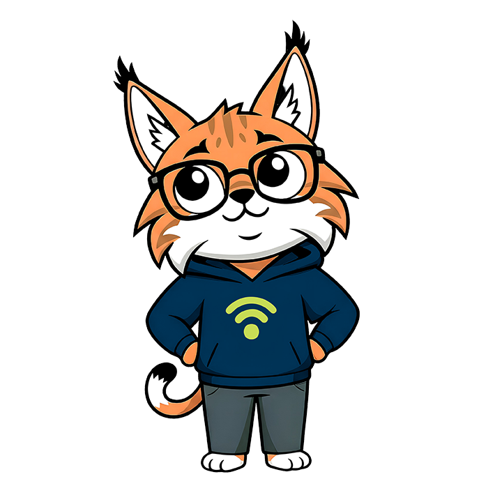 Cartoon orange fox in glasses wearing a blue hoodie with a Wi‑Fi symbol and gray pants, standing with hands on hips