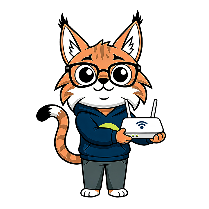 Cartoon orange cat in glasses holding a Wi‑Fi router, wearing a blue hoodie and jeans.