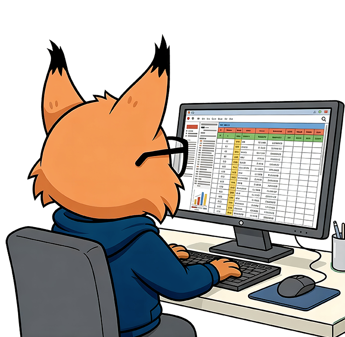 Fox-like character working at a desk on a computer with a spreadsheet open.