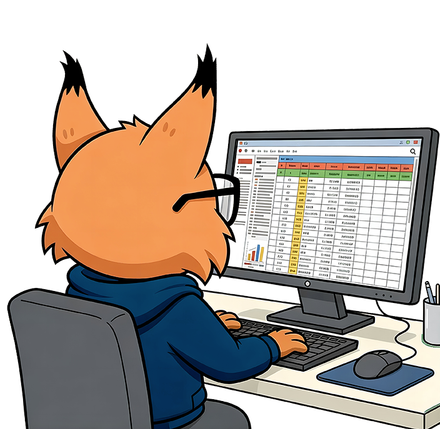Cartoon fox in glasses using a desktop computer with a spreadsheet on the monitor